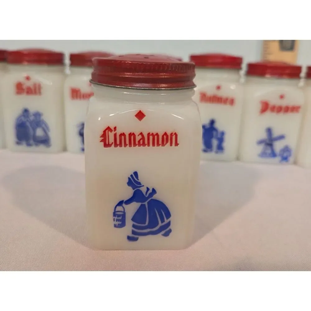Hazel Atlas Dutch Girl Milk Glass Spice Jars Set of 8 with Red Lids